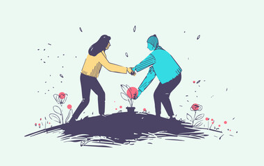 Mental Health Concept two people helping each other plant flower in garden representing support and growth pastel colors abstract background
