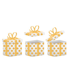 Gift boxes on an isolated background. 3d boxes with yellow ribbon and bow. Vector illustration