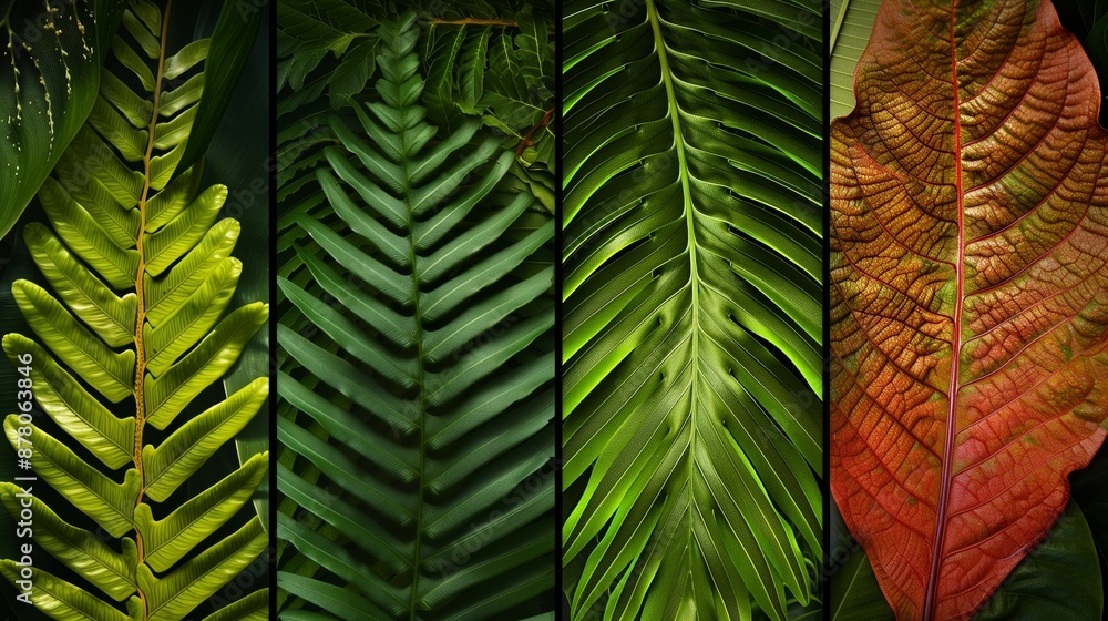 Poster leaf textures in ferns and palm leaves display intricate patterns and variegated surfaces.