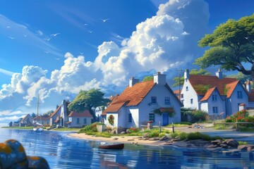 Obraz premium Quaint Village by the Tranquil Seaside