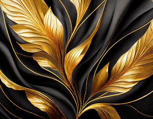 Luxury satin textile black background with golden leaves