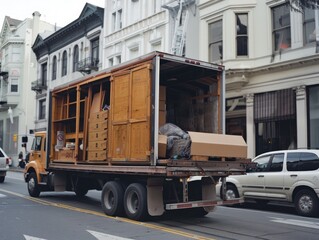 A dynamic scene of professional movers rearranging and transporting furniture in a bustling setting, showcasing their efficiency and expertise while at work.