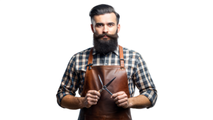 Bearded Barber Holding Scissors in Leather Apron