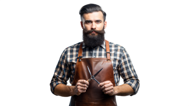 Bearded Barber Holding Scissors in Leather Apron - Powered by Adobe