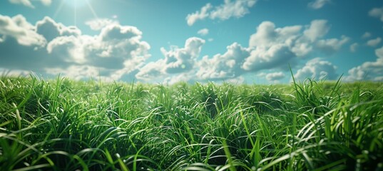 Close-Up Shot of Green Grass Against Blue Sky Background