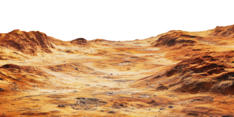 Arid martian landscape with rolling hills and sandy terrain, cut out - stock png.
