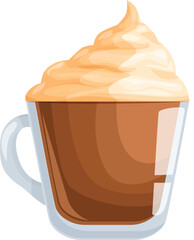 Delicious coffee drink topped with whipped cream in a transparent glass cup