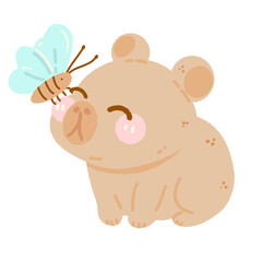 Hand drawn illustration kawaii cute pastel Capybara having a butterfly on its nose