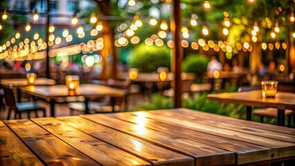 Serene wooden table isolated on blurred vibrant outdoor restaurant background with warm bokeh lights and natural ambiance atmosphere.
