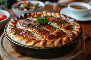 A plate of kulebyaka with a decorative braided crust, showing the layers of fish, rice, and mushrooms inside. 