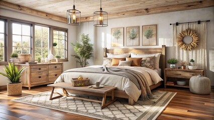 Serene modern bedroom boasts beige bedding, distressed wood accents, and eclectic decor, blending bohemian and farmhouse styles effortlessly.
