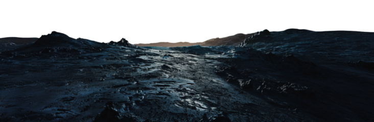 A dark and rocky landscape with a distant horizon, cut out - stock png.