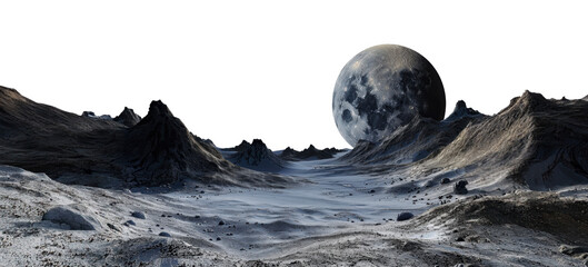 .Desolate lunar landscape with moon rising, cut out - stock png.