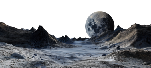 .Desolate lunar landscape with moon rising, cut out - stock png.