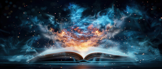 Magical book open Fantasy book with magic light sparkles