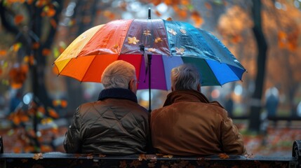 Couple sitting on a bench under an umbrella in the rain