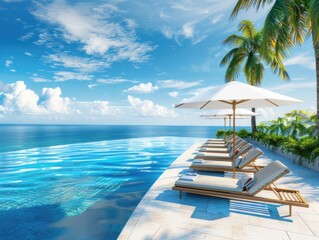 Obraz premium An exquisite beachfront resort with a luxurious swimming pool, palm trees, and a spectacular view of the ocean, ideal for a tranquil and indulgent vacation experience.