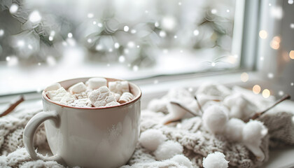 Winter cozy hot chocolate in white cup on white window with winter snow landscape