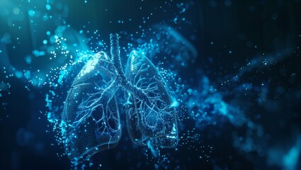 A highly detailed digital representation of human lungs with a glowing blue network of airways and particles against a dark background, representing respiratory health and science.