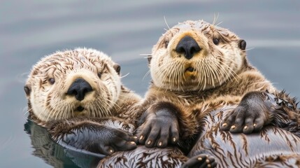  A few otters swim in a body of water, holding paws on each other's heads