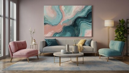 A stylish modern living room featuring pastel-colored furniture and an abstract painting on the wall, creating a cozy and elegant atmosphere.
