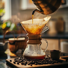 Brew drip coffee with hot water, generative ai