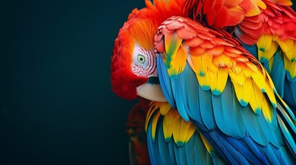 Obraz premium A tight shot of a multi-hued parrot perched atop companion parrot's back