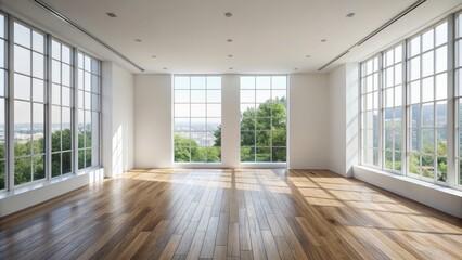 Obraz premium Minimalist white room with wooden floor and large window offers a clean template for product showcase and branding design.