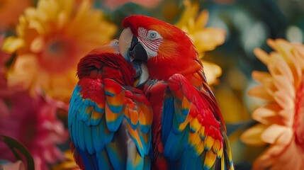 Obraz premium A red-and-blue parrot perches atop a vibrant, yellow-and-red flower-filled field The field is adorned with numerous yellow and red blooms
