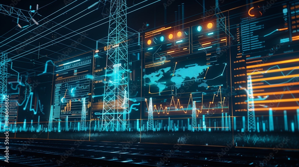 Poster a detailed display showcasing data analysis and information diagrams for electricity grid analytics,