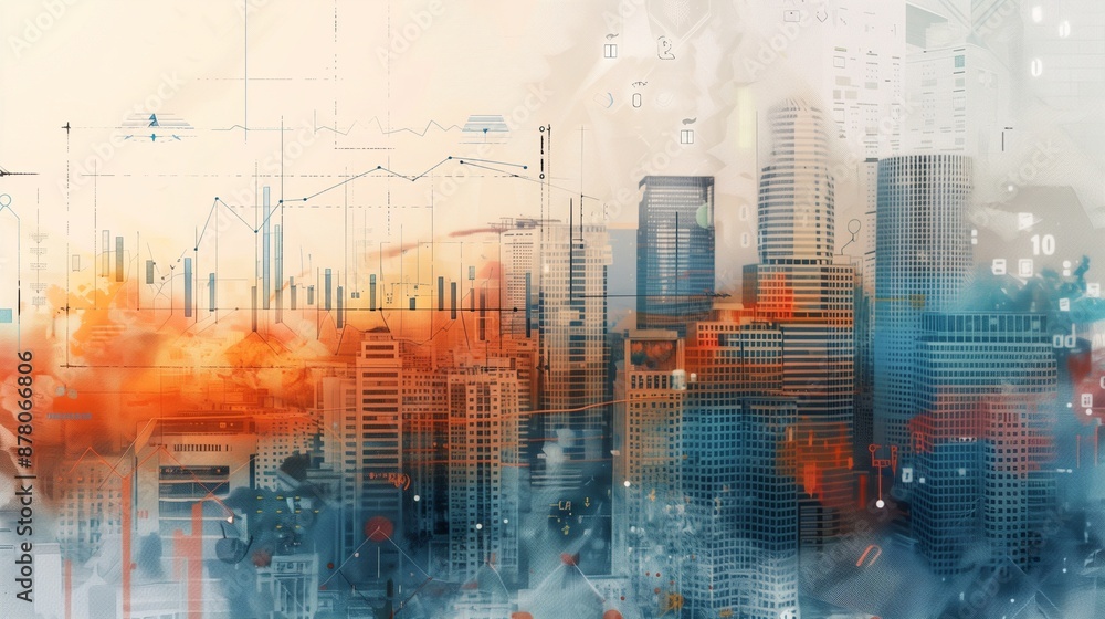 Poster a dynamic double exposure image blending a document with graphs and diagrams overlaid on an urban ci