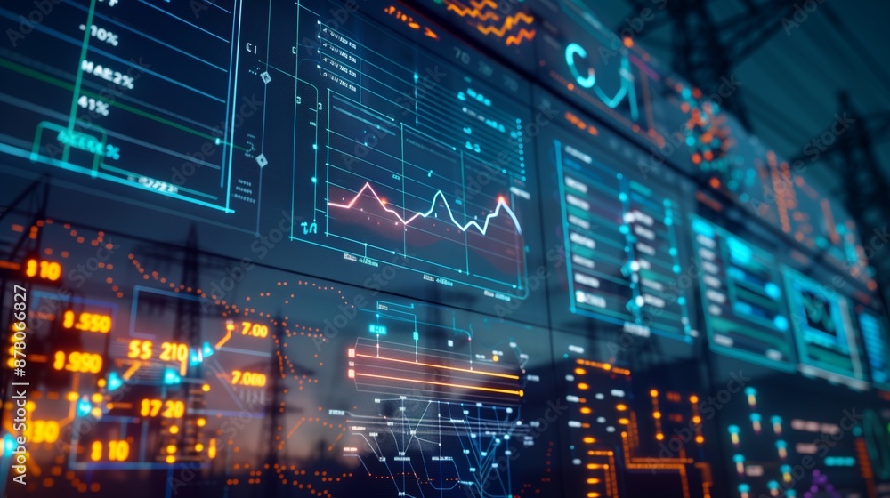 Poster a detailed display showcasing data analysis and information diagrams for electricity grid analytics,