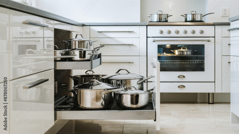 Canvas Prints A kitchen with pots and pans on the shelf in a cabinet, AI