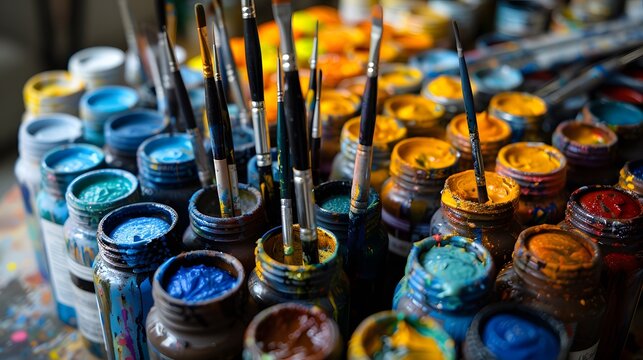 Adobe Stock Creative Arts Supplies - Paint Brushes and Jars for Artistic Inspiration and Creative Expression