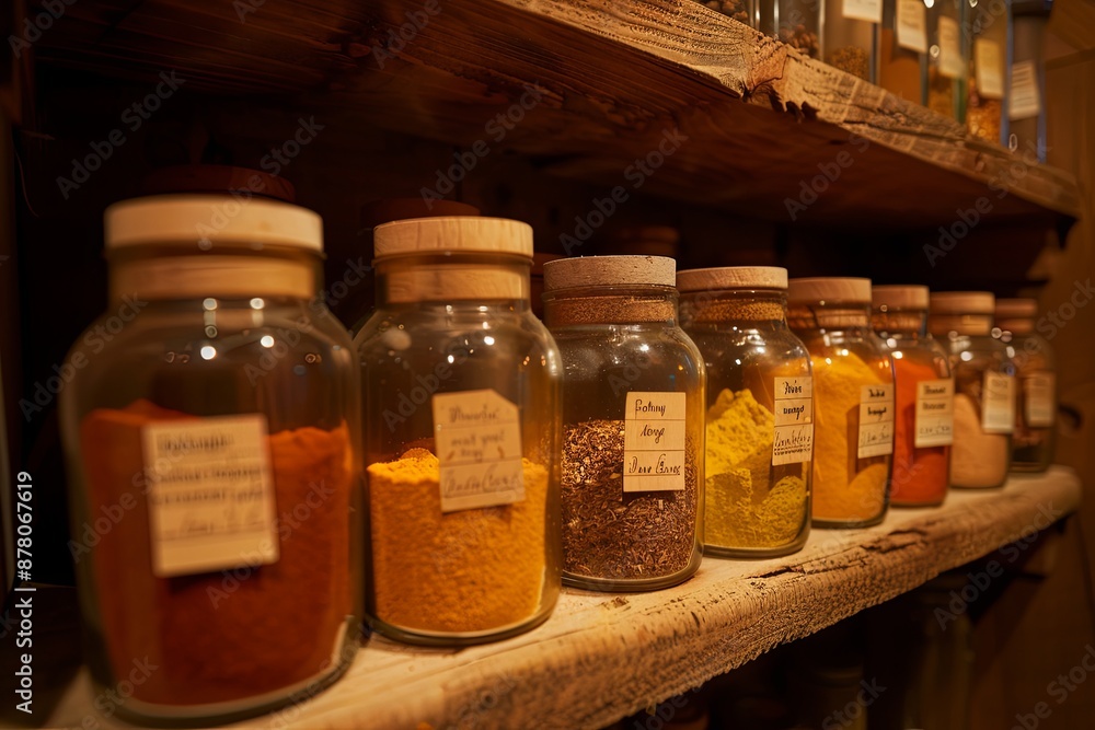 Poster A row of glass jars filled with various spices are neatly arranged on a wooden shelf. The jars have cork lids and labels with names like paprika, turmeric, cumin, and oregano.