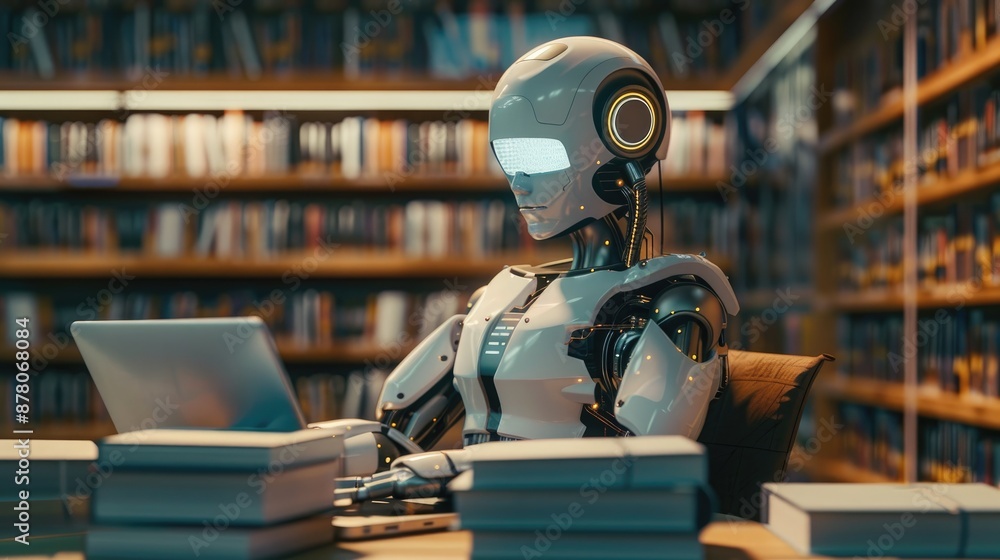 Poster robot learning with laptop and books focusing on ai big data and deep learning concept