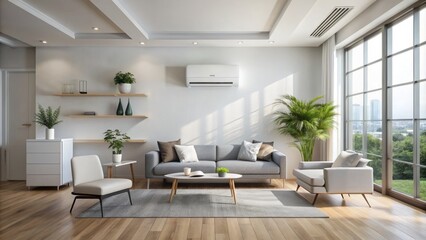 Modern white wall-mounted air conditioning unit efficiently cools a spacious, naturally lit interior with sleek furniture and minimal decor.