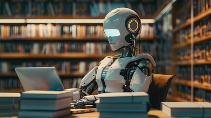 Fototapeta premium Robot learning with laptop and books focusing on AI big data and deep learning concept