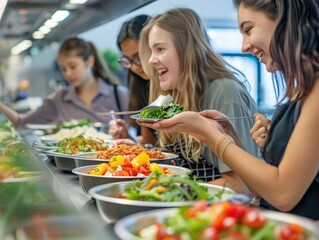 A group of diverse college students are seen in a restaurant looking at a menu and making thoughtful choices about their meal, selecting nutritious and healthy options.
