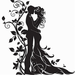 A vector illustration of the silhouette of bride and groom kissing, adorned with swirling leaves in black on white background