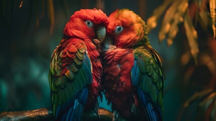 Fototapeta premium Two vibrant parrots touch beaks while perched on a jungle branch