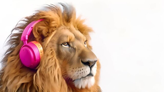 Lion wearing bright pink headphones in slow motion musically themed advertisement