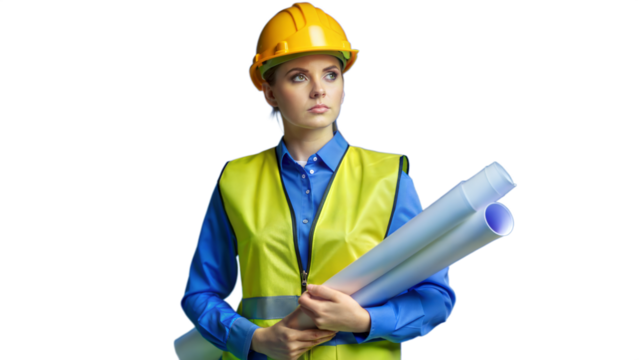 Female Architect Holding Blueprints Wearing Safety Helmet and Vest