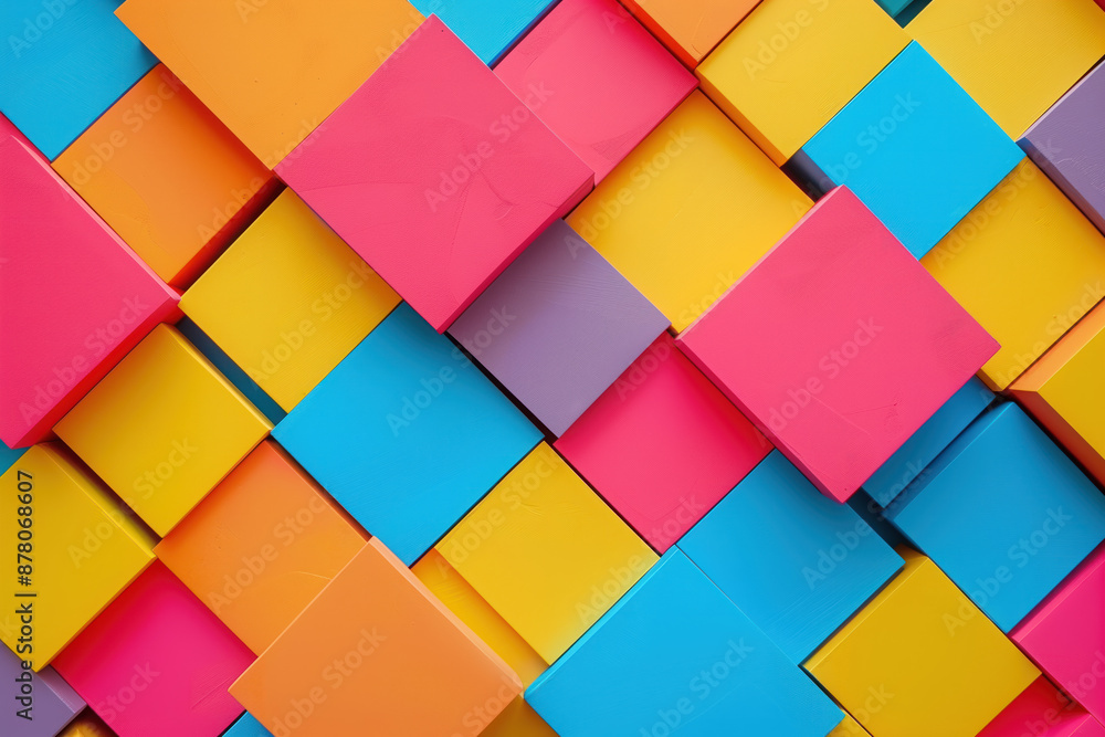 Poster brightly colored squares and diamonds create a modern and dynamic background.