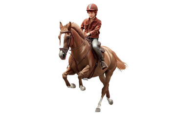 A well-trained boy riding horse with safety on, isolated on transparent background