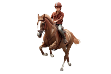 A well-trained boy riding horse with safety on, isolated on transparent background