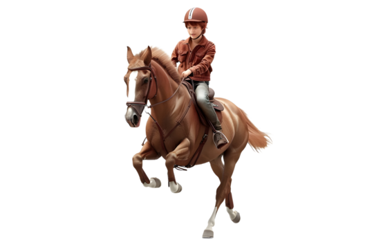 A well-trained boy riding horse with safety on, isolated on transparent background - Powered by Adobe