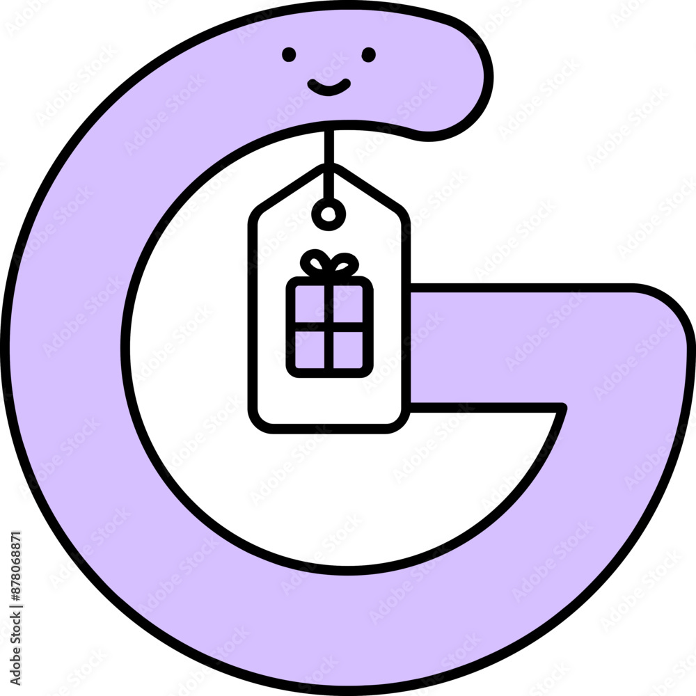 Sticker cartoon alphabet g for gift icon in purple color.