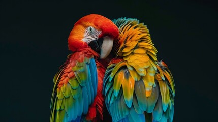 Fototapeta premium Two parrots, colorfully adorned, perch side by side on a wooden table against a black backdrop