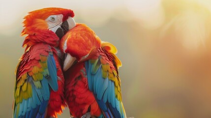 Obraz premium Two vibrant parrots perch atop a wooden plank against a hazy backdrop